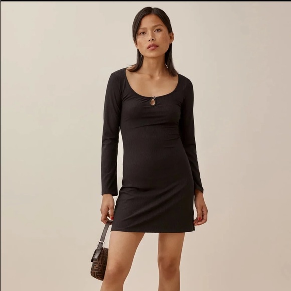 Reformation Black Elias Ribbed Scoop Neck Mini Dress Size L - Picture 4 of 9